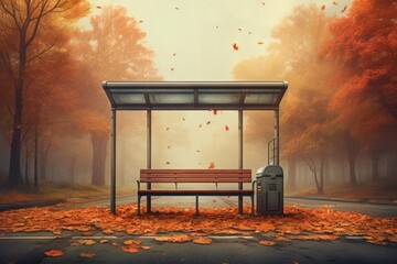 Fototapeta premium Bus stop bench surrounded by fallen orange leaves with misty autumn trees