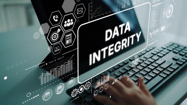 Digital Concept of Data Integrity on Computer Screen with Graphs and Icons in a Modern Office Environment for Technology Use. Asymptotic smart data analytic.