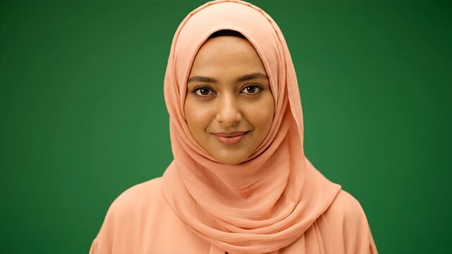 Woman wearing headscarf smiling on green background