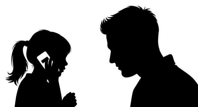 Silhouette Communication: A Young Girl Engaged in a Phone Call While an Adult Male Listens Attentively, Evoking Themes of Modern Connection and Interpersonal Dynamics