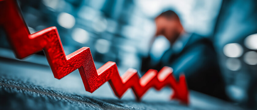 経営不振と損失拡大を示す下降矢印と人物の表現