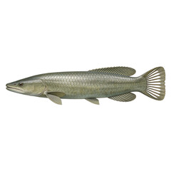 Fototapeta premium Arapaima gigas fish with large green and grey scales swimming horizontally against a plain white background in this scientific illustration.