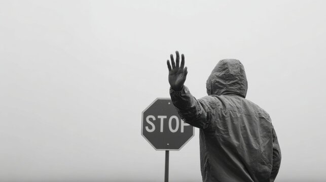 Man in hooded jacket showing stop hand gesture near road sign in foggy weather safety warning danger concept monochrome dramatic scene