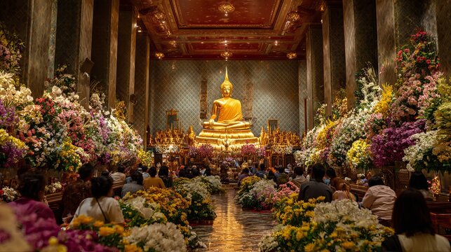 Visitors find the Golden Buddha, nestled among bright flowers at Paknam Temple in Bangkok, Thailand, a beautiful and cultural spot.