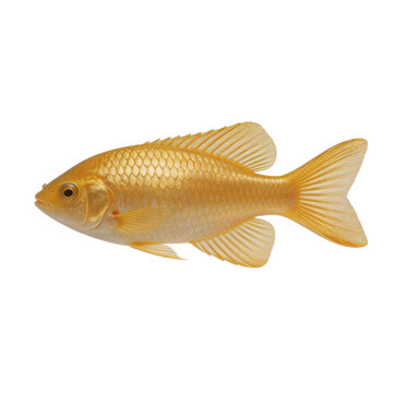 Common goldfish Carassius auratus with shiny metallic scales and translucent fins swims against a plain white background.