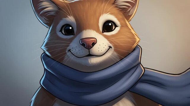 Cute Cartoon Fox Wearing a Blue Scarf in a Softly Lit Environment.