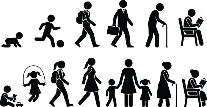 Black and white vector pictogram set showing the human life cycle and aging process of men and women from infancy to senior years.