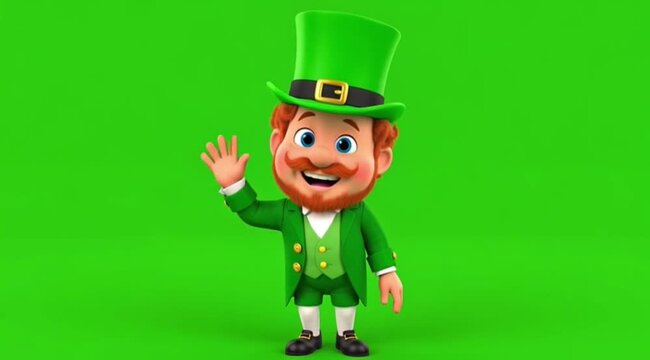 Smiling Leprechaun Waving in Green Suit and Hat on Green Background