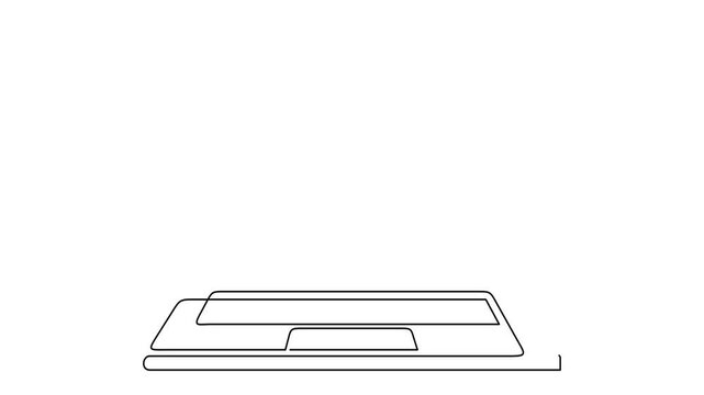 Animated self drawing of continuous line draw laptop computer with hand giving piles of money banknotes as business concept of online buying. Full length one line animation. 4K