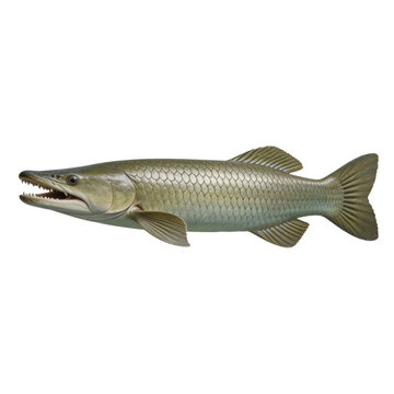 Massive alligator gar fish with olive green scales and sharp teeth is shown in a side profile on a white background.