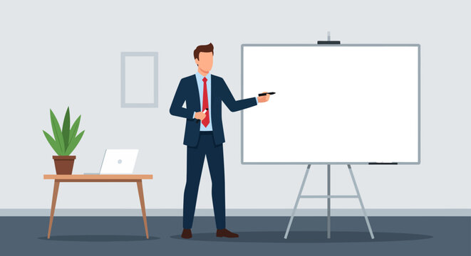 Professional businessman presenting information on a whiteboard during a corporate meeting or training session, surrounded by modern office elements