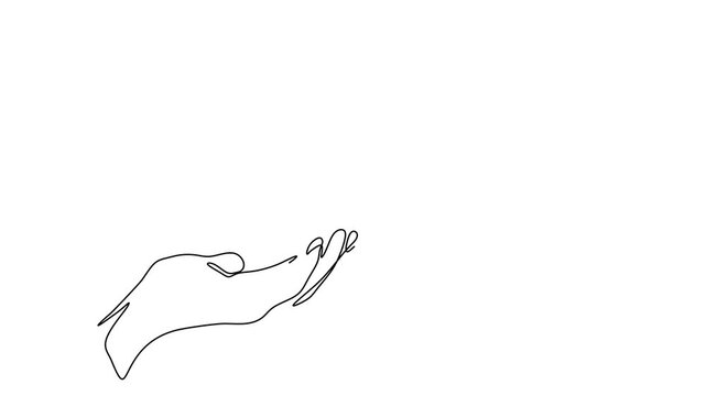 Animated self drawing of continuous line draw hand holding butterflies. Beautiful flying moth. Full length one line animation. 4K