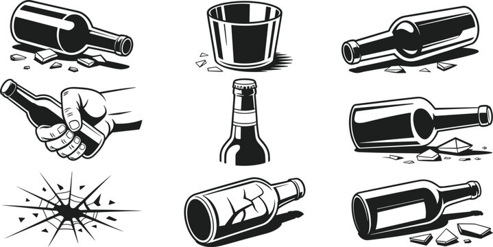 Black and white vector silhouette illustration set featuring broken glass bottles, shattered drinkware, cracked windows, and a hand holding a beverage for graphic design projects.