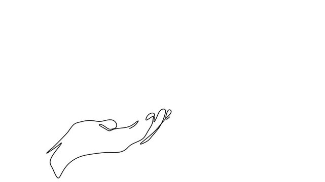 Animated self drawing of continuous line draw hand holding butterflies. Beautiful flying moth. Full length one line animation. 4K