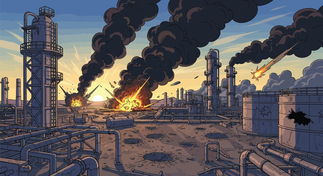 Industrial oil refinery after bombing, showing explosions, black smoke, craters, and widespread damage under a dramatic sky