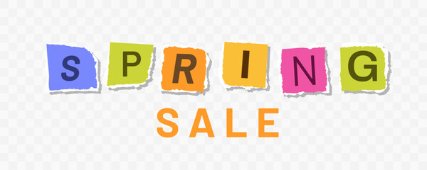 Spring sale banner with colorful cutout letters and clean layout. Bright collage style typography design with modern minimal composition, suitable for promotion, branding and creative marketing use. © Ivanka
