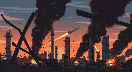 Missile strike hitting industrial oil refinery complex with explosions smoke and fire destruction and debris conceptual artwork © md