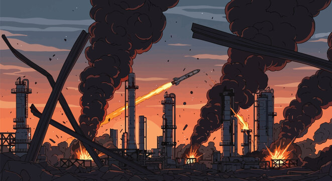 Missile strike hitting industrial oil refinery complex with explosions smoke and fire destruction and debris conceptual artwork