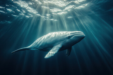 Fototapeta premium Humpback whale swims gracefully in ocean.