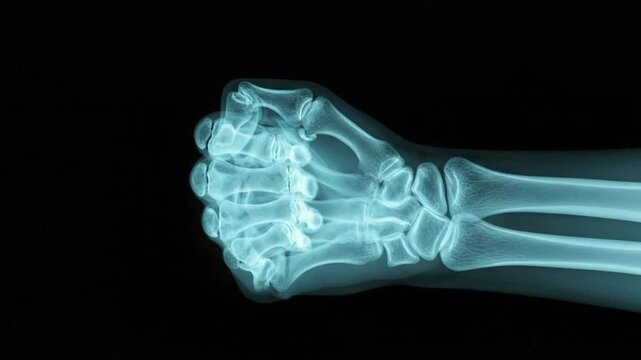 X ray of a human hand and wrist showing skeletal structure