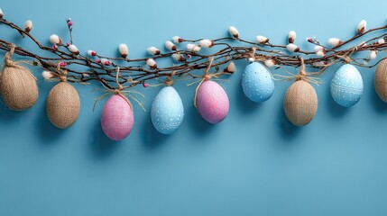 easter garland blue backdrop on a blue background
