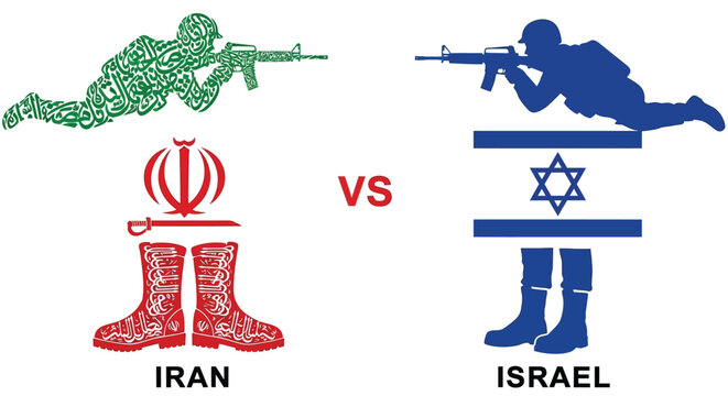 A stark visual representation of the conflict between iran and israel, with soldiers depicted using national symbols and flags to highlight their ongoing military and political tensions