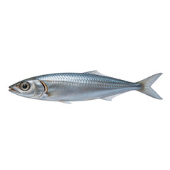 Fototapeta premium Atlantic herring fish showcases its metallic silver scales and large black eye while swimming against a clean white background.