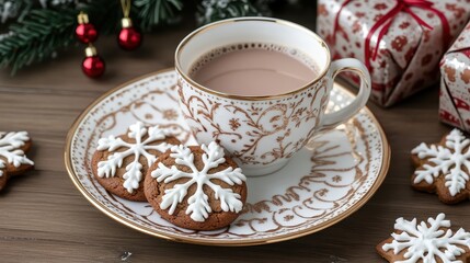 Fototapeta premium Cozy Christmas hot cocoa served with decorative snowflake cookies on a festive holiday plate