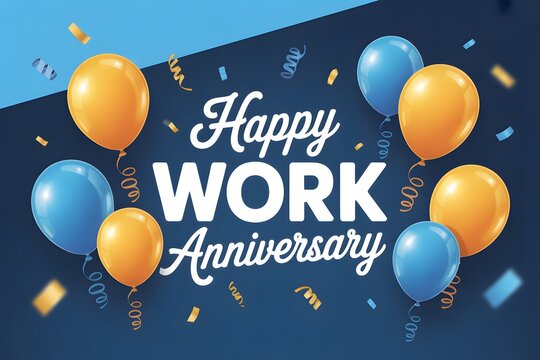 Happy work anniversary celebration with balloons and confetti