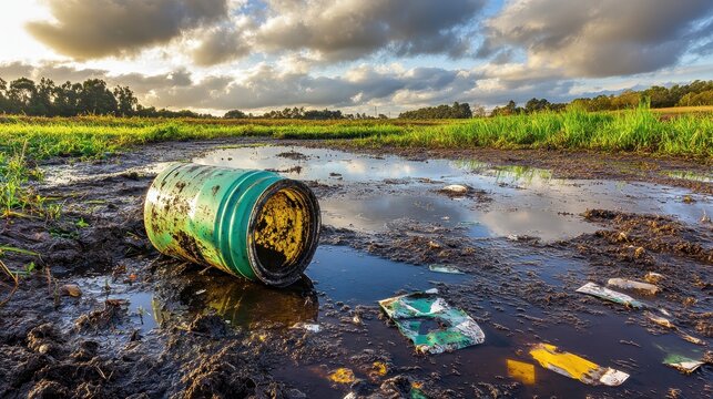 Damaged rural soil contaminated with spilled chemicals and waste materials under a cloudy sky.