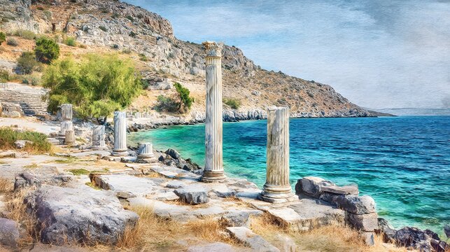 Ancient Dat&ccedil;a Knidos ruins watercolor illustration serene turquoise sea weathered stone columns historical landscape art