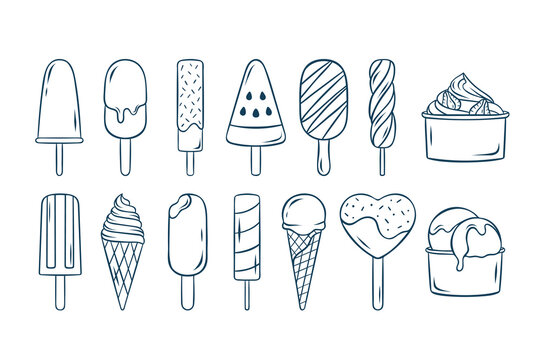large vector set, different types of ice cream, popsicle, cone, sorbet, fruit ice, simple icons, doodle and sketch, Mediterranean style blue line