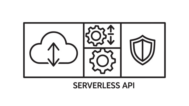 Serverless API icon set with cloud, gear, and shield symbols in line style for web development and technology applications.
