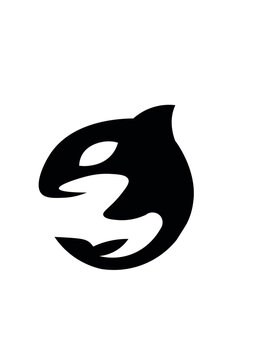 A minimalist, abstract silhouette of an orca killer whale forming a circular shape with negative space. This graphic is ideal for logos, branding, or icons related to marine life and conservation.