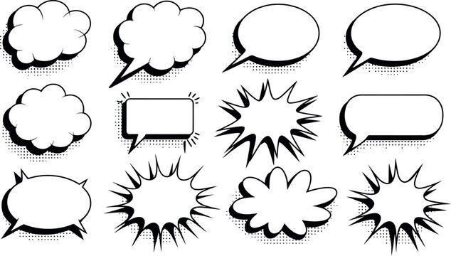 A collection of various comic book speech and thought bubbles is shown in this graphic. The set includes classic clouds, sharp explosions, and rounded rectangular shapes for dialogue.