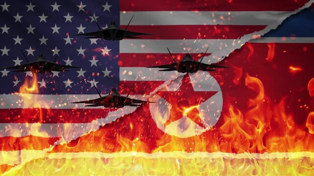 A powerful visual metaphor depicting the tense relationship between the United States and North Korea, featuring a striking combination of flags, flames, and fighter jets. 
