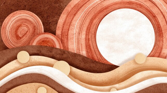 Abstract desert landscape with layered waves and circular sun shapes in warm earthy tones and textured paper style,