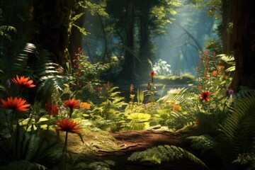 Naklejka premium Forest path winding through vibrant plants and blooming flowers with sunlight streaming through trees