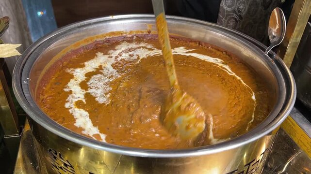 Spicy Masala Dal Tadka being tempered with hot oil, cumin, and dried red chilies at an Indian wedding