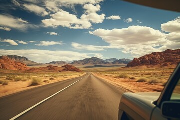 Fototapeta premium Car on an open road traveling through a vast desert landscape under blue skies