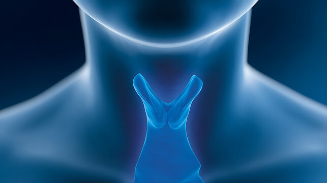 3D Render Human Anatomy Illustration of Trachea and Larynx in Glow Blue Light on Dark Background for Medical and Healthcare Concepts