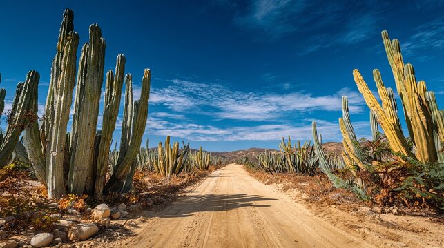 Big cactus plants line a sandy road in the Mexican desert, near Todos Santos, Baja California Sur.