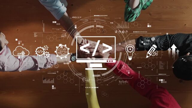 Creative hands gather around a wooden table, surrounded by digital symbols representing coding and software development, showcasing teamwork and innovation in technology. Raster