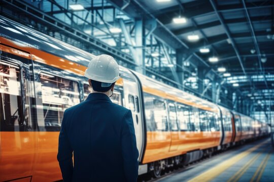 Engineer maintaining train infrastructure in a modern railway depot