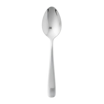 Shiny stainless steel tablespoon sits vertically on a plain white background, highlighting its reflective metallic surface and sleek, modern handle design.