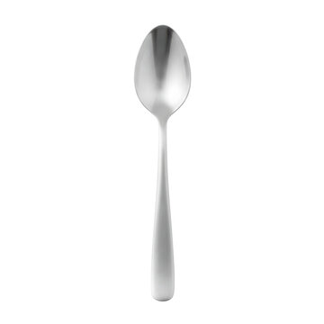 Silver metal teaspoon lies flat against a plain white backdrop, highlighting the smooth curved handle and oval bowl of the piece of cutlery.
