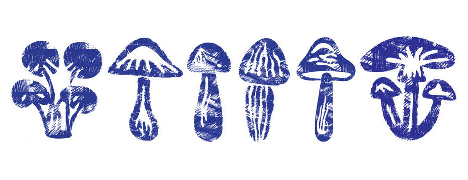 Blue ink mushroom collection: vector bold linocut set of forest fungi, amanita and enoki clusters. Indigo mystical silhouette illustration with hatching and crosshatch texture isolated on white