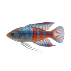 Fototapeta premium Paradise fish displays vibrant blue and red vertical stripes across its body and long flowing fins while isolated against a clean white background.
