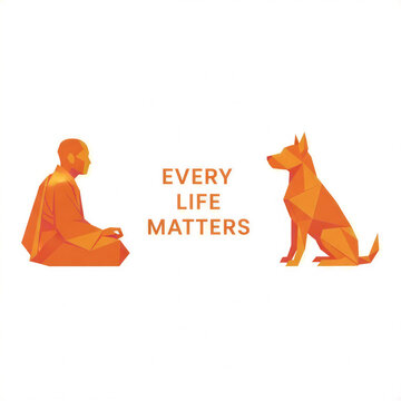 Orange geometric monk meditating beside dog with message about life  