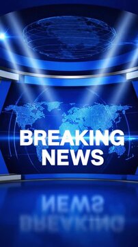 Blue studio lights highlight breaking news background with world map and media design for news segments and broadcasts on current events